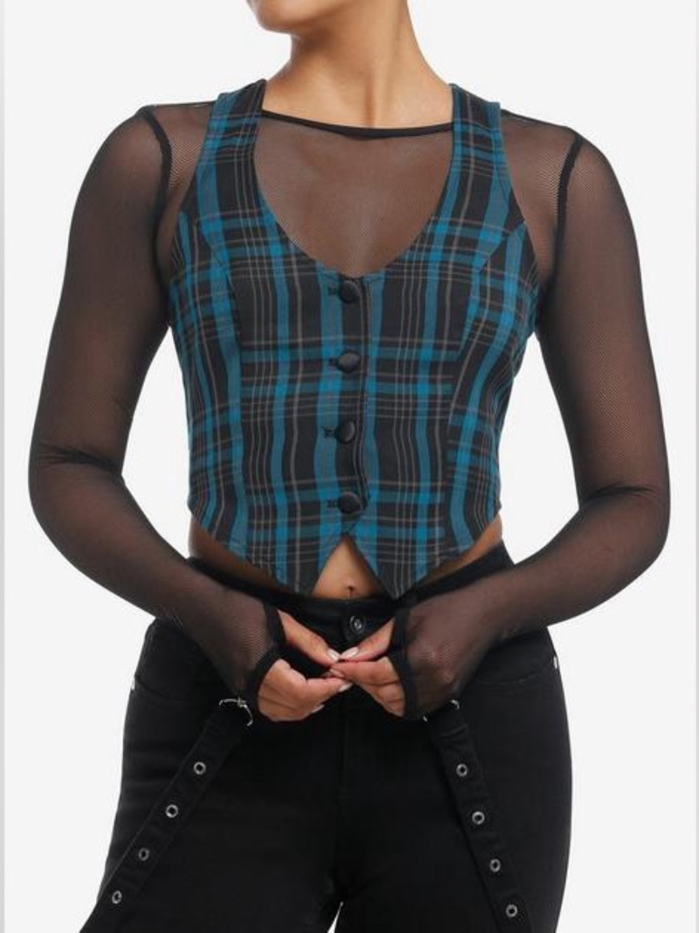 Hot topic Social Collision blue Plaid Button-Front Cropped Vest Size XS gothic